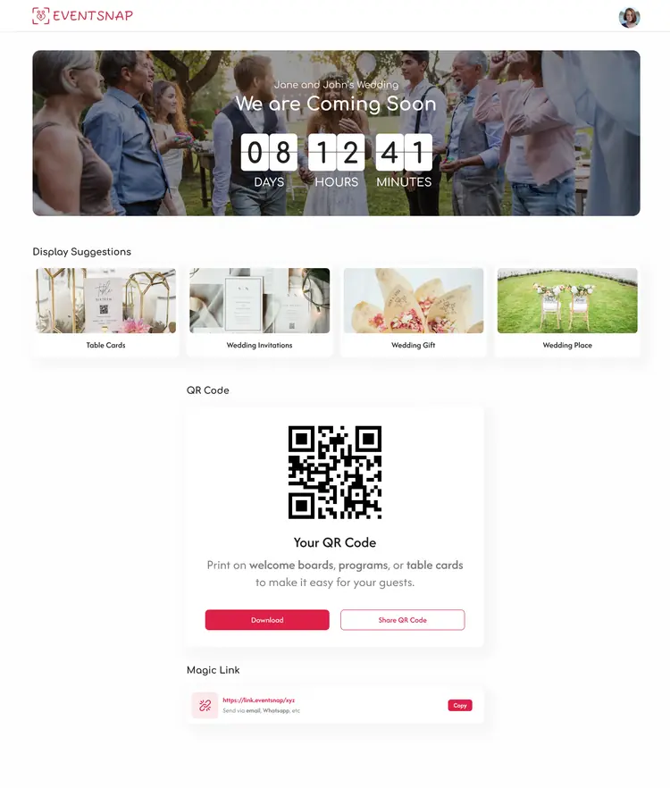 Wedding announcement page with countdown timer